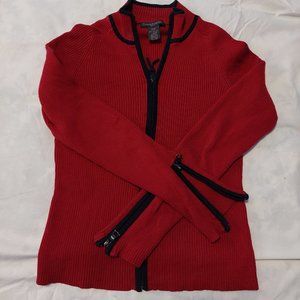 Fashion Essentials Red and Black 100% Cotton Knit Zip Sweater (Size M)